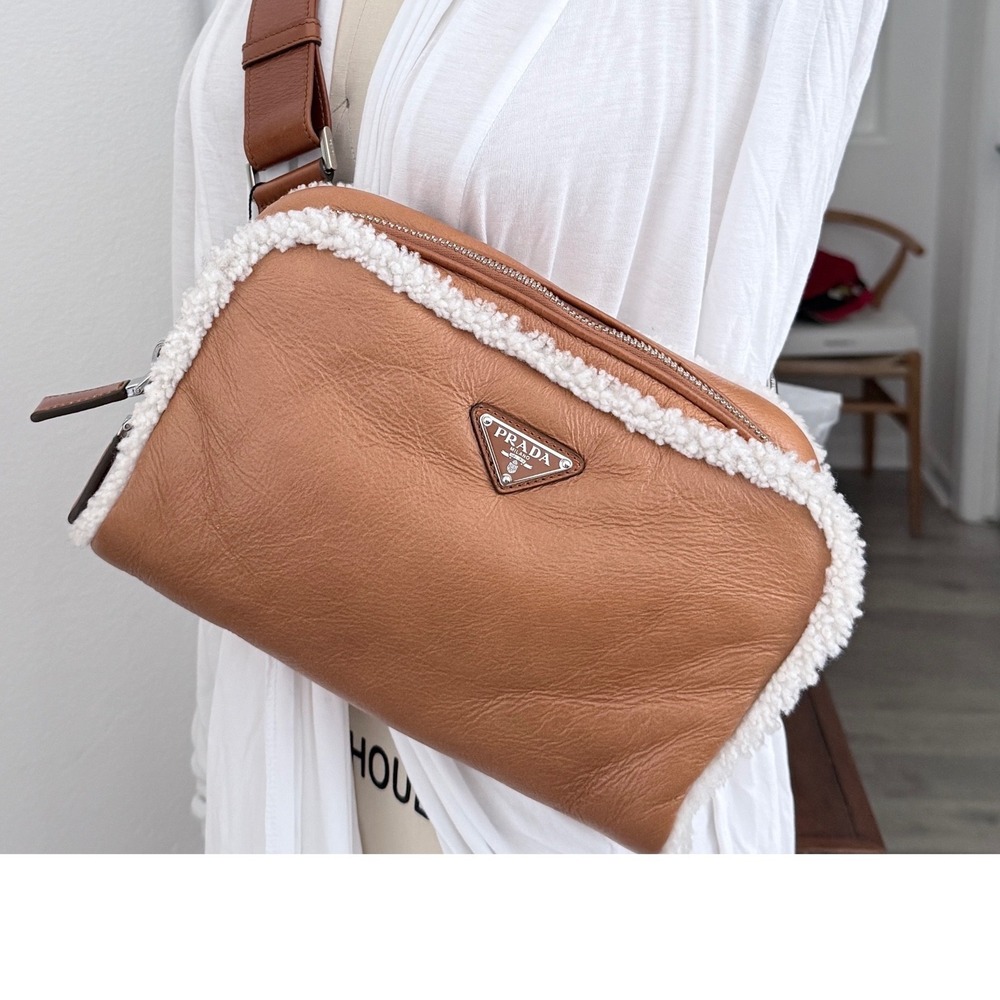 Prada Bandoliera Montone Shearling Leather Crossbody Bag Cognac 2VH181
